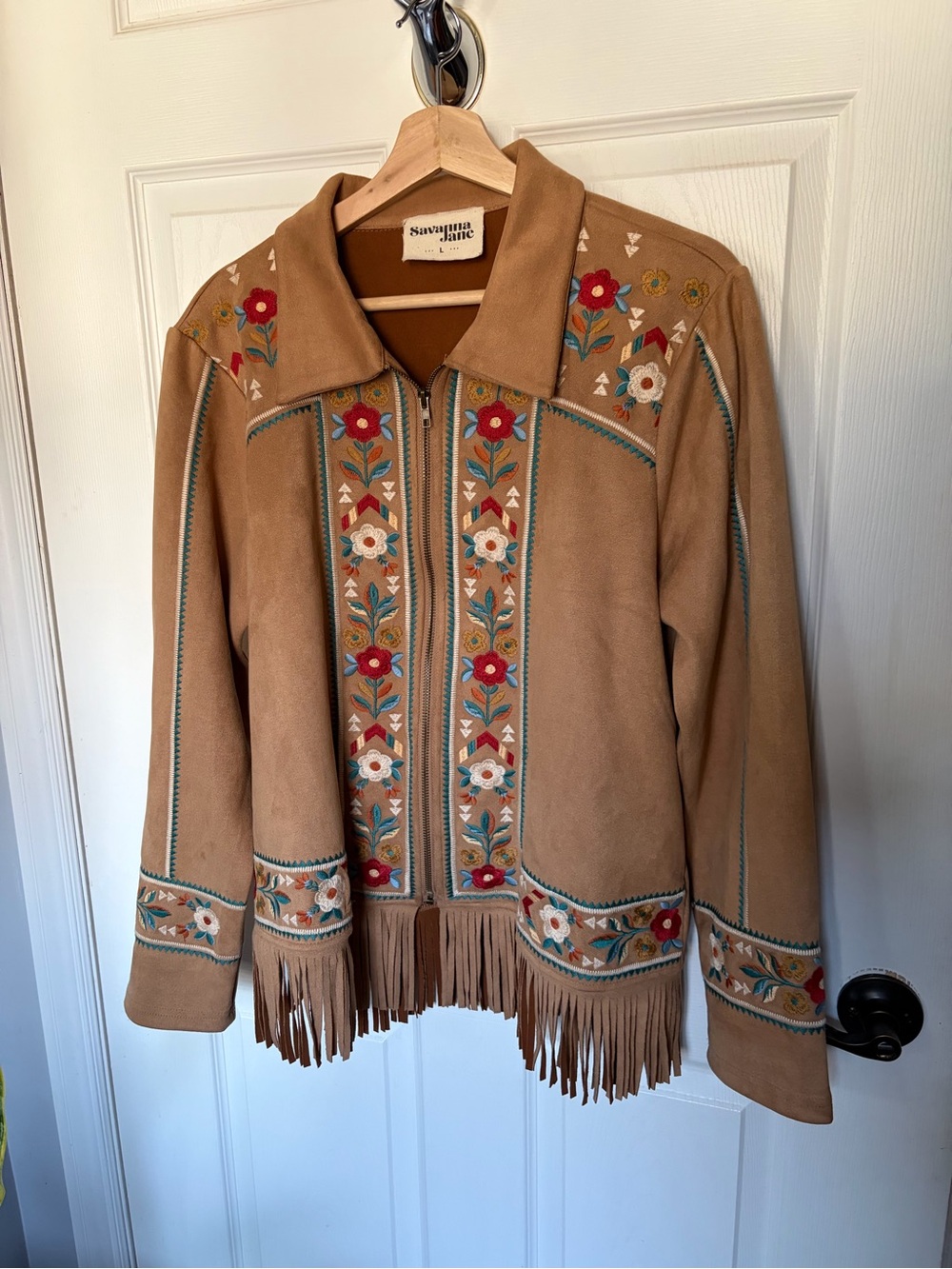 Savanna Jane Vintage Inspired Faux Suede Fringe Jacket with Floral Embroidery